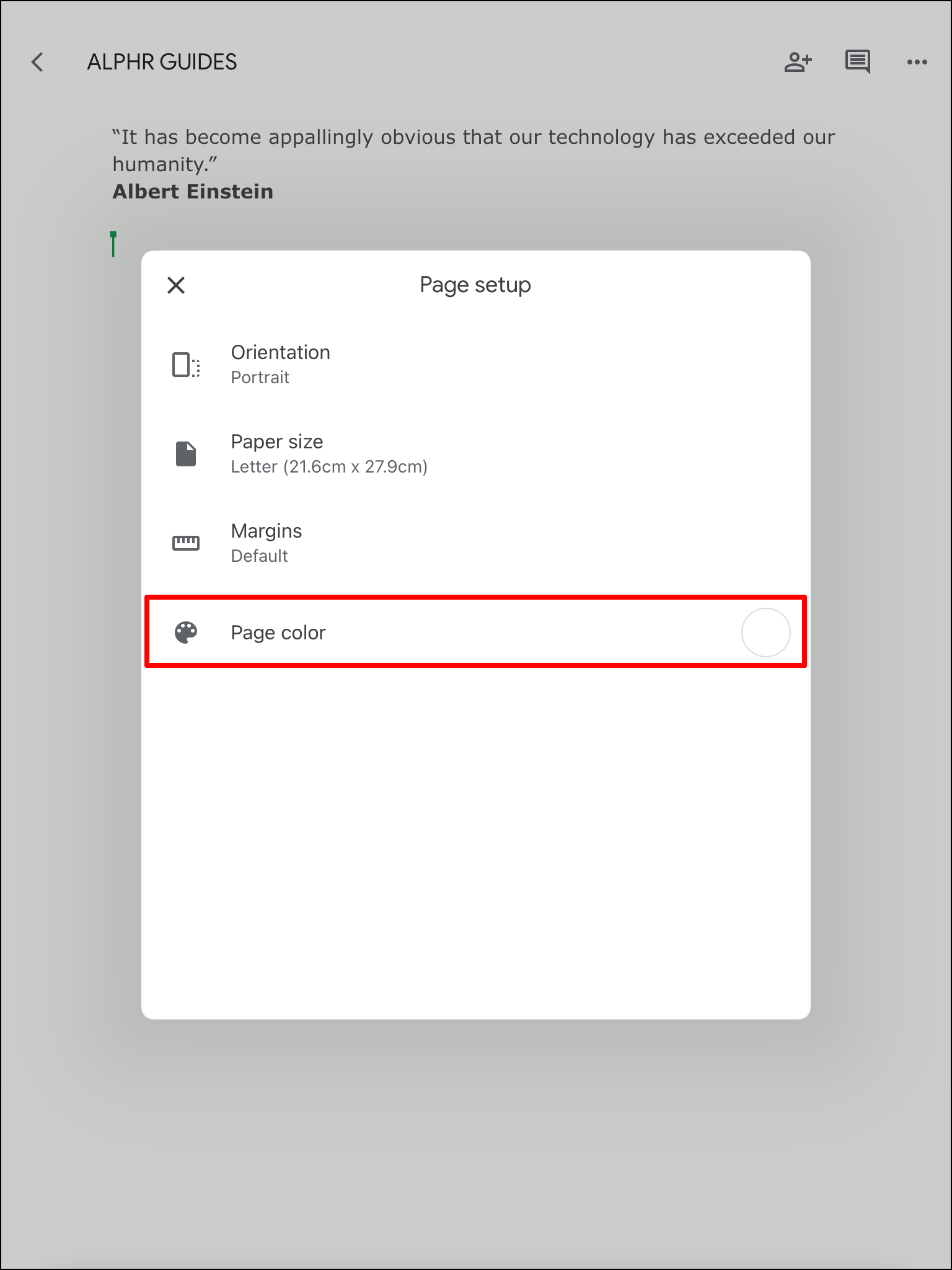 how to change background color on google docs ipad
