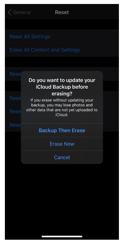 iPhone Settings - Reset Confirmation