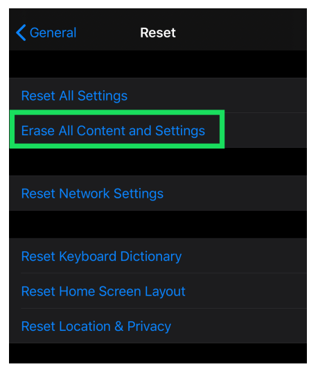 iPhone Settings - Reset Menu