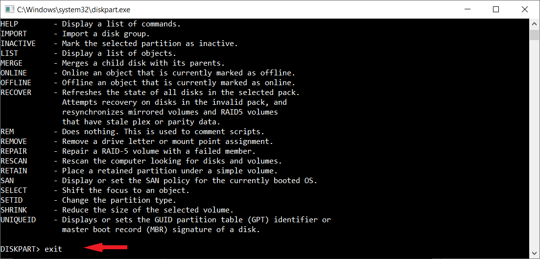 Diskpart Utility - exit