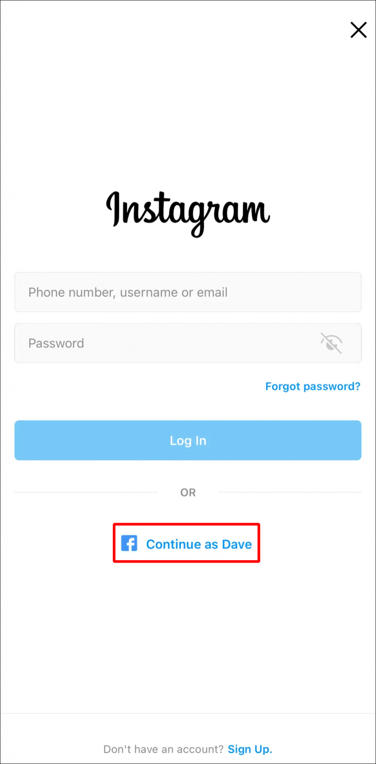 instagram login thru facebook
