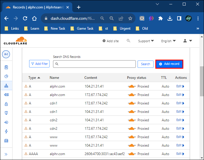 Add record button on Cloudflare