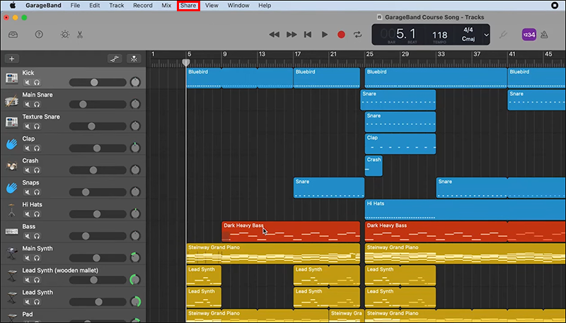 Opening the Share dropdown in the MacOS menu bar in Garageband
