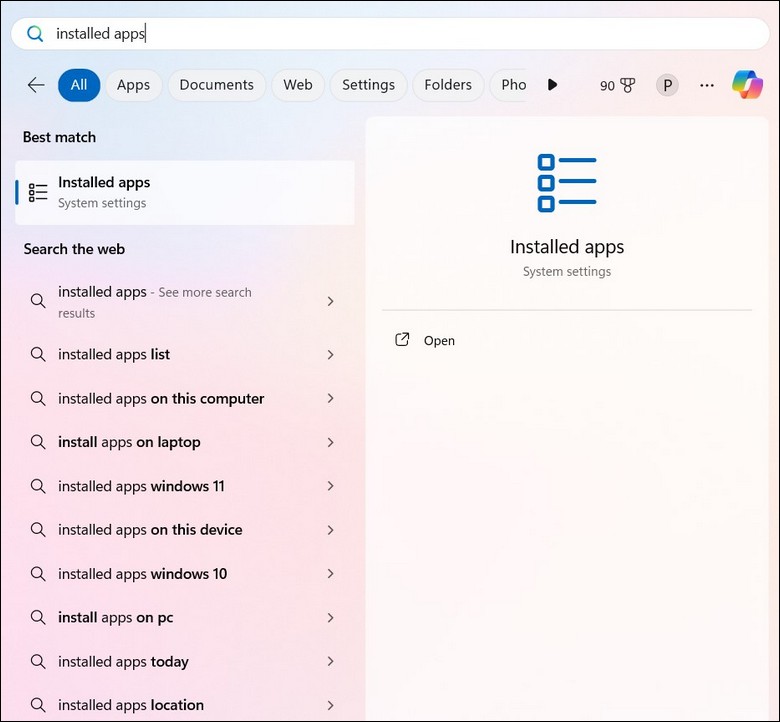 Installed App settings on Windows