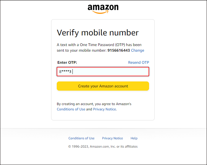 Verifying a mobile number in Amazon