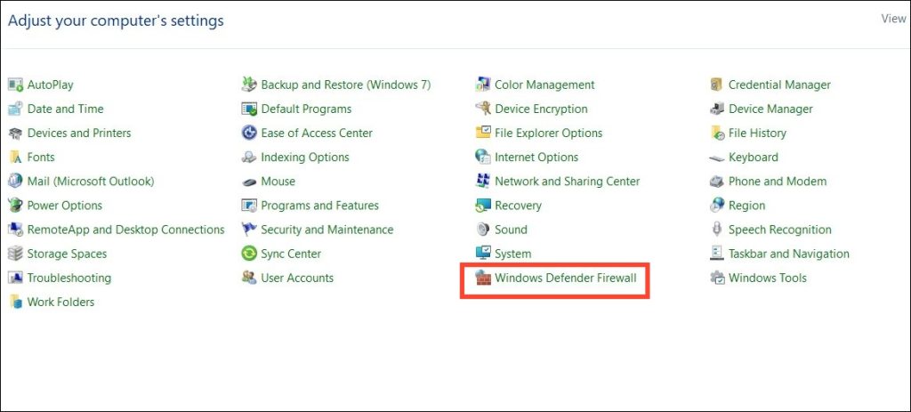open the Windows Defender Firewall