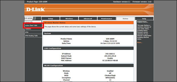 Click Active Client Table on the left to view MAC addresses including your Fire/Fire HD tablet's address.