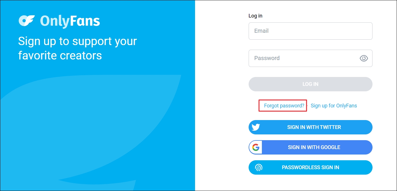 Forgot password option on the OnlyFans page.