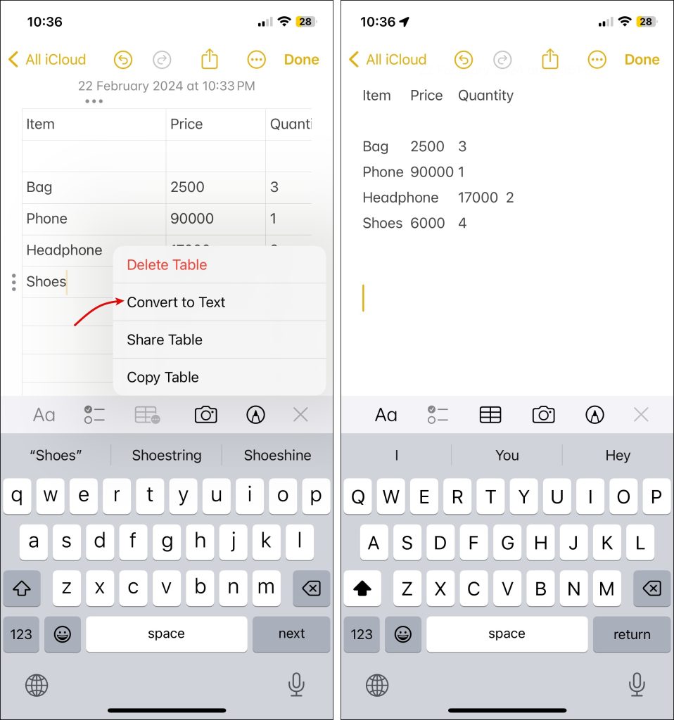 Как преобразовать таблицу в текст в Apple Notes