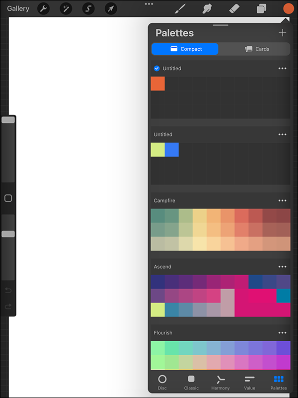 Adding a new palette in Procreate on iPad