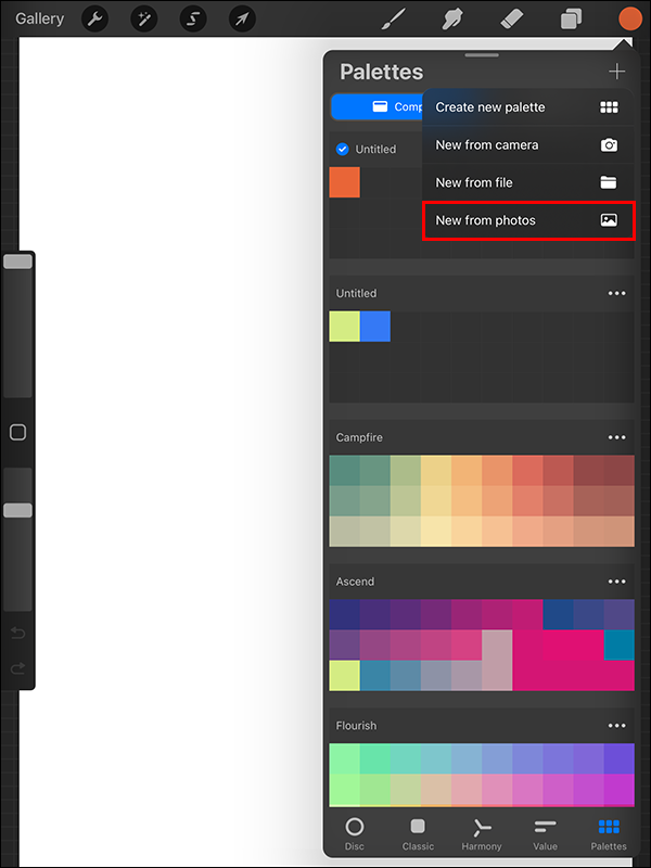 Selecting New from photos in the add palette menu in Procreate on iPad