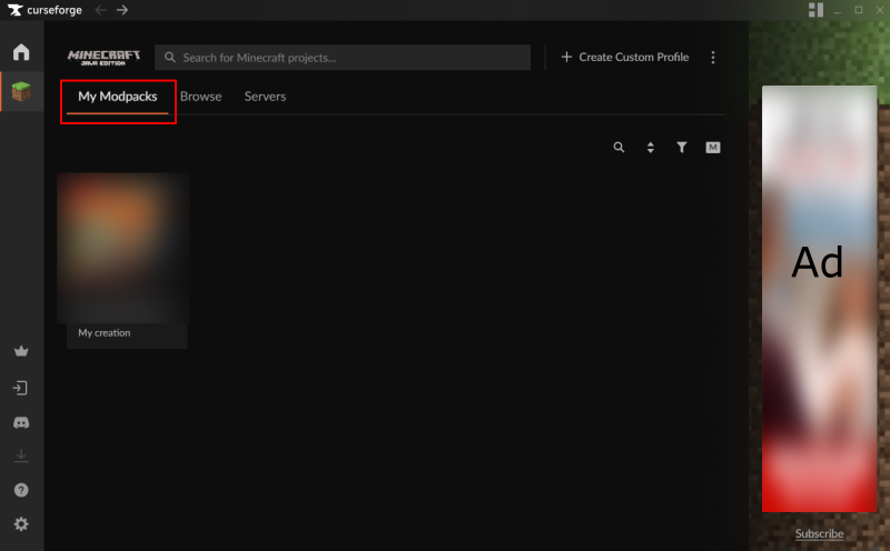Select the My Modpacks tab in CurseForge to create a new profile.