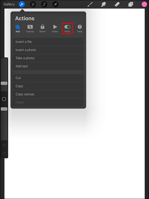 Selecting the Prefs tab in the Actions menu in Procreate on iPad