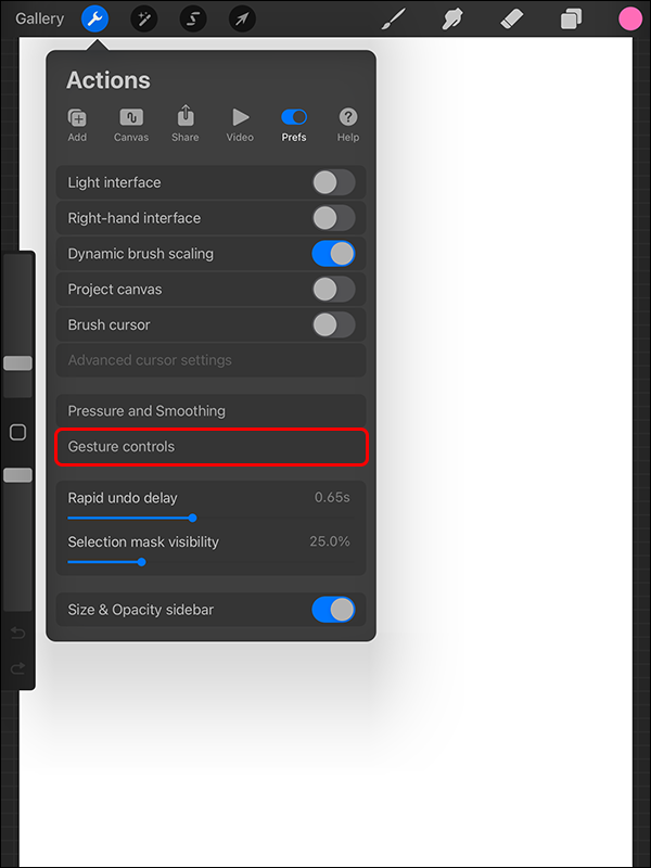 Tapping Gestures controls in the Actions menu in Procreate on iPad