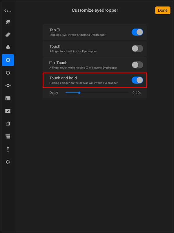 Toggling the Touch and hold gesture in Procreate on iPad