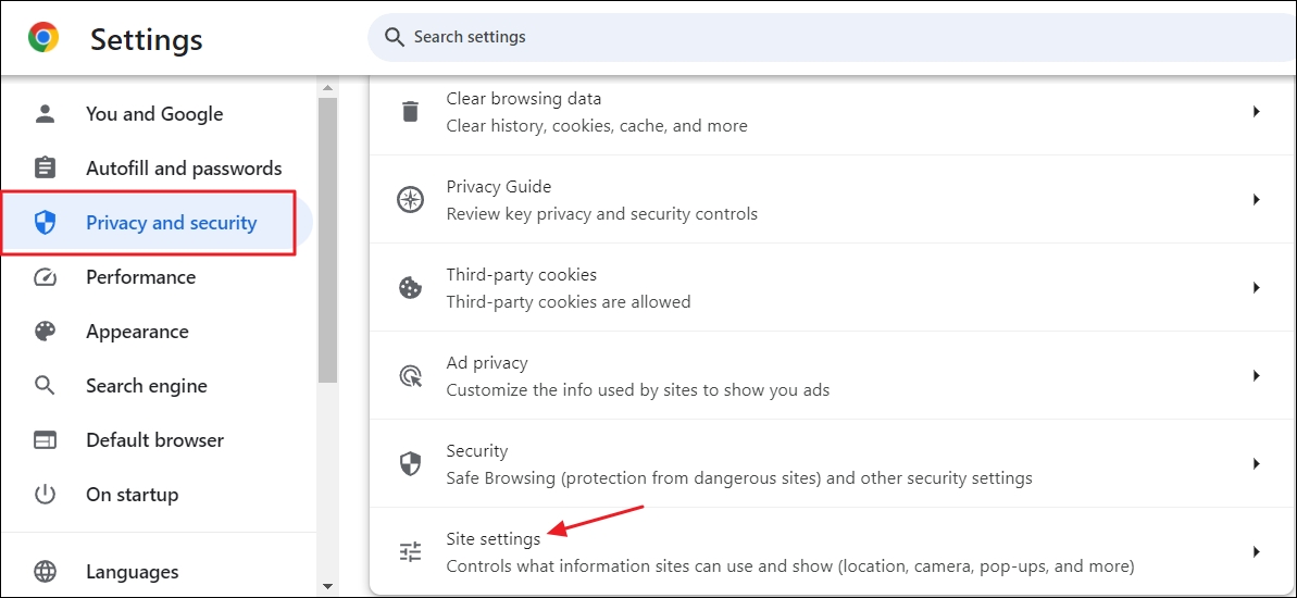 Site settings option in Chrome.