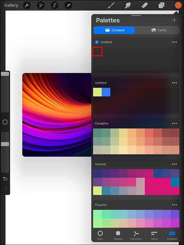Tapping an empty color slot in the Palettes menu in Procreate on iPad