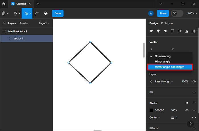 Selecting the Mirror angle and length option in Figma