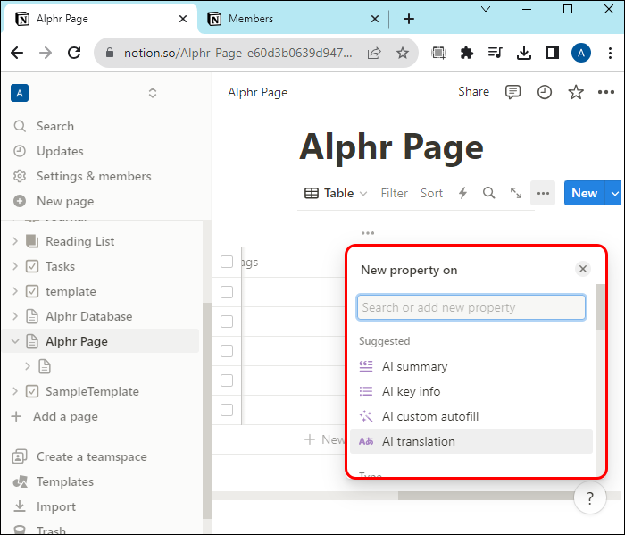Highlighting the New Property pop-up in Notion