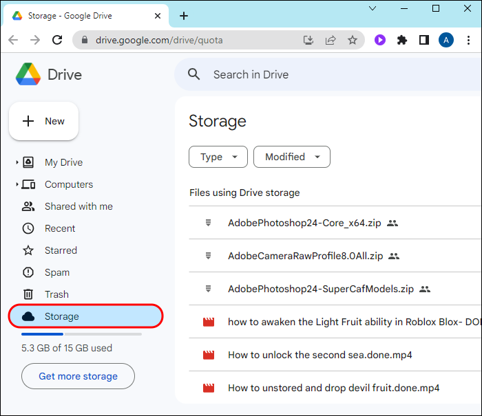 Google Drive storage settings on desktop.