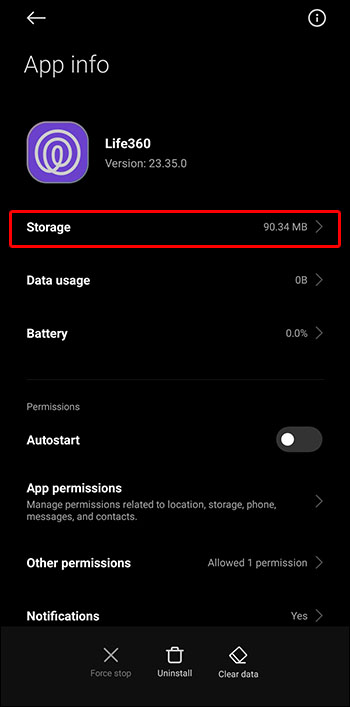 The Storage option Life360 on Android.