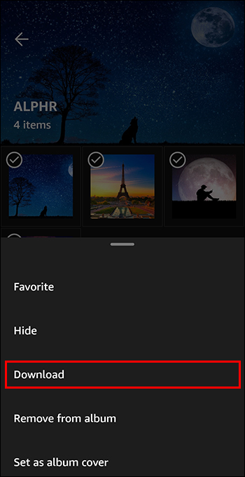 The Download button on Amazon photos Android app.