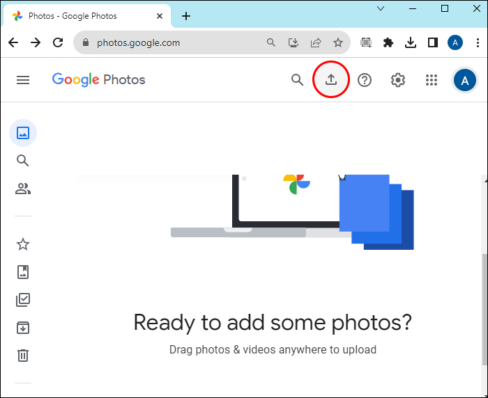 Upload button in Google Photos.