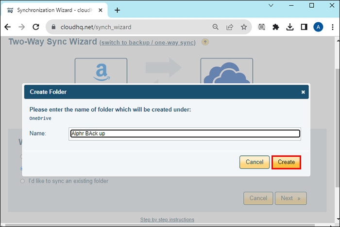 Create button in CloudHQ.