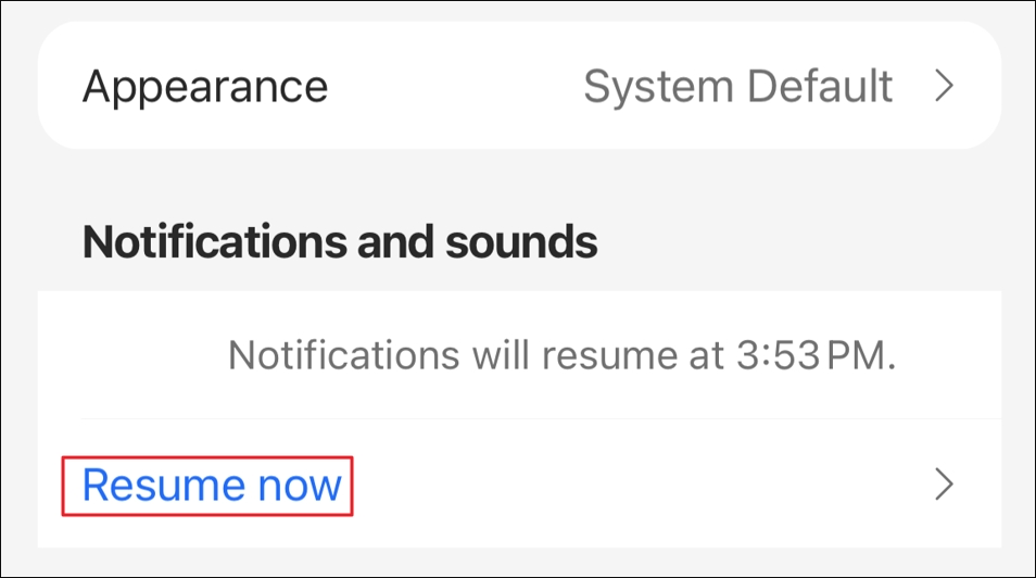 Resume now option in the Settings window.