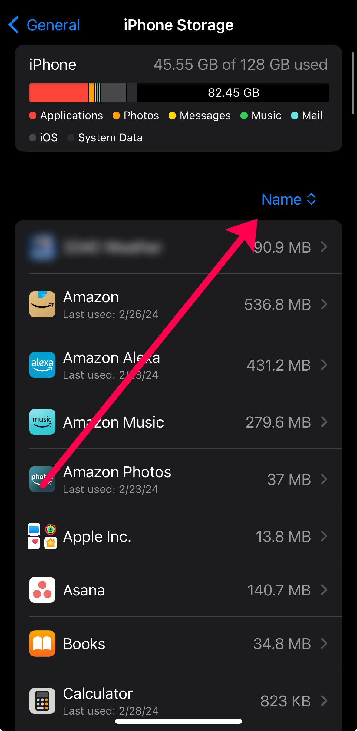 iPhone Storage settings & apps.