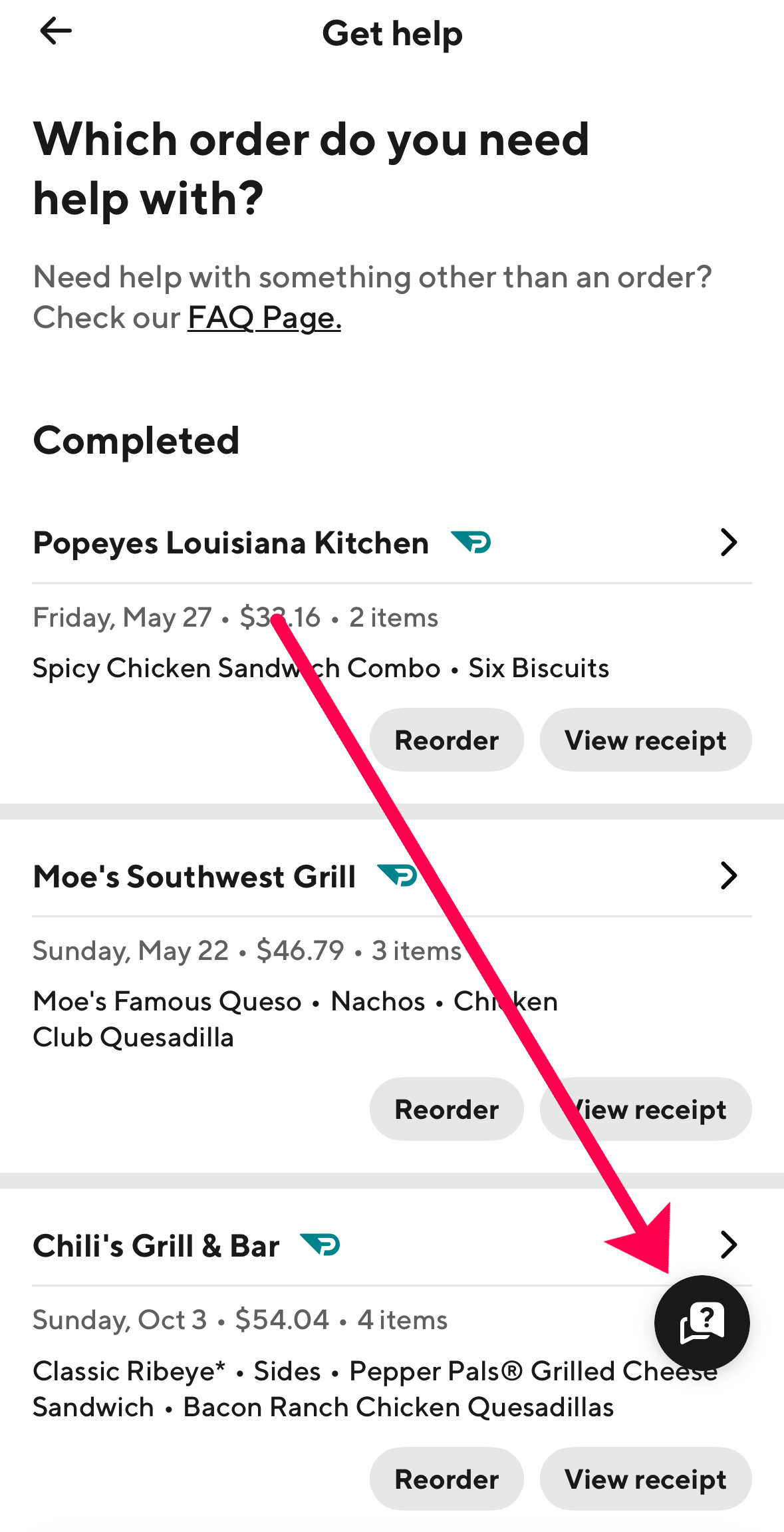 DoorDash mobile app Live chat button.