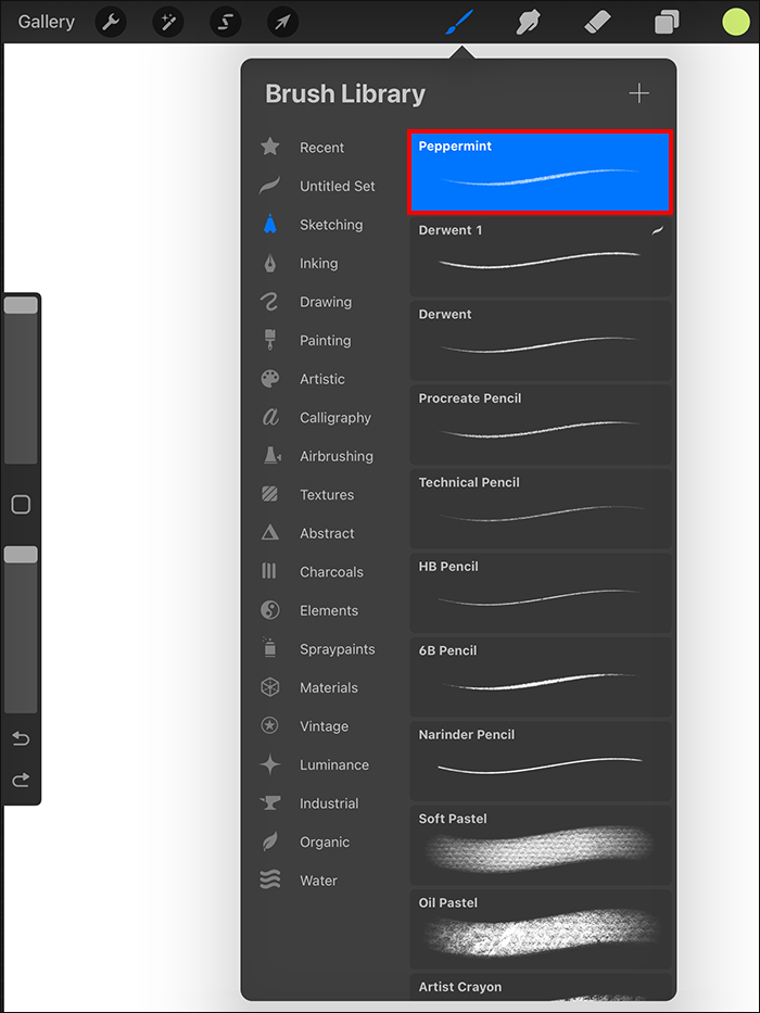 Double-tapping the desired brush in Procreate on iPad