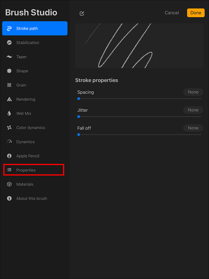 Selecting the Properties tab in the Brush Studio in Procreate on iPad