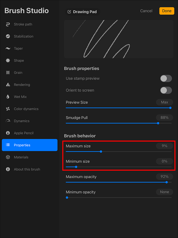 Highlighting the Brush behavior settings in the Brush Studio in Procreate on iPad