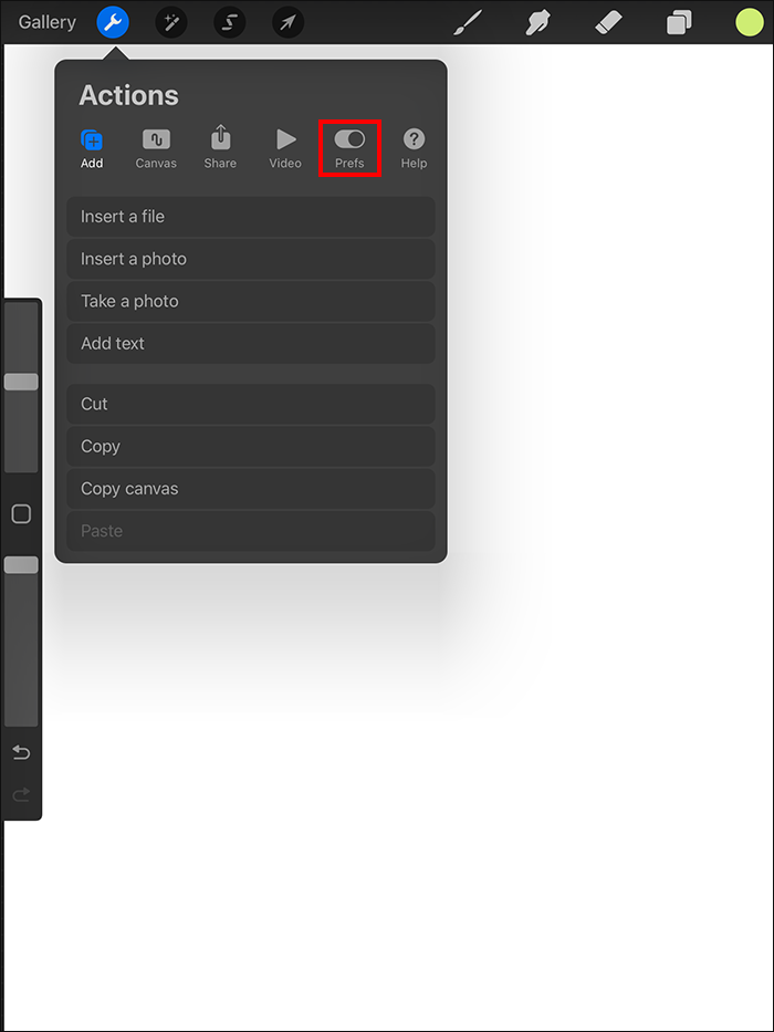 Selecting the Prefs tab in the Actions menu in Procreate on iPad