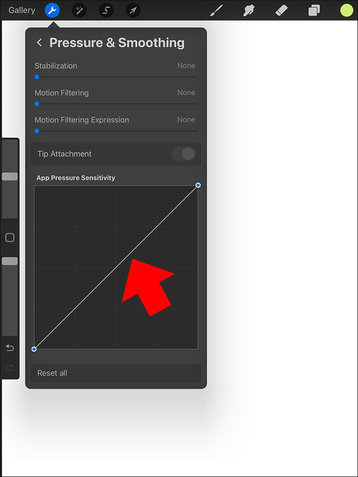 Adjusting the App Pressure Sensitivity curve in the Pressure & Smoothing menu in Procreate on iPad