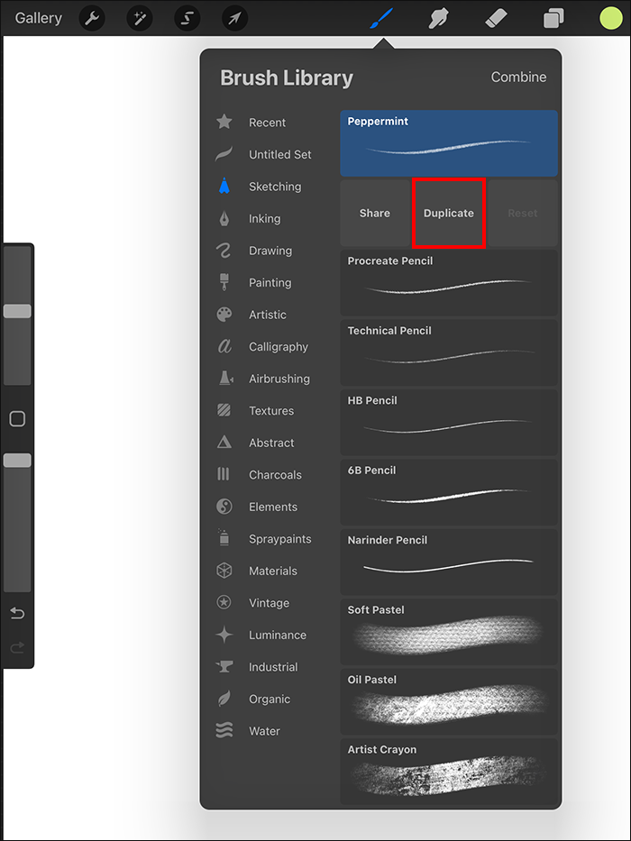 Tapping Duplicate in the Brush Library in Procreate on iPad