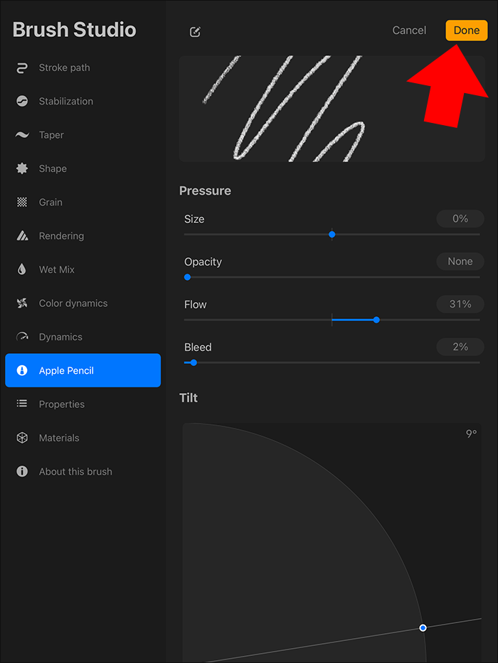 Tapping the Done button in the Brush Studio in Procreate on iPad