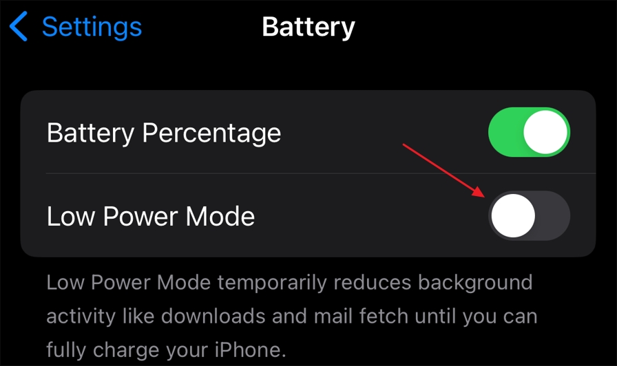 Low Power Mode option in the Battery window.