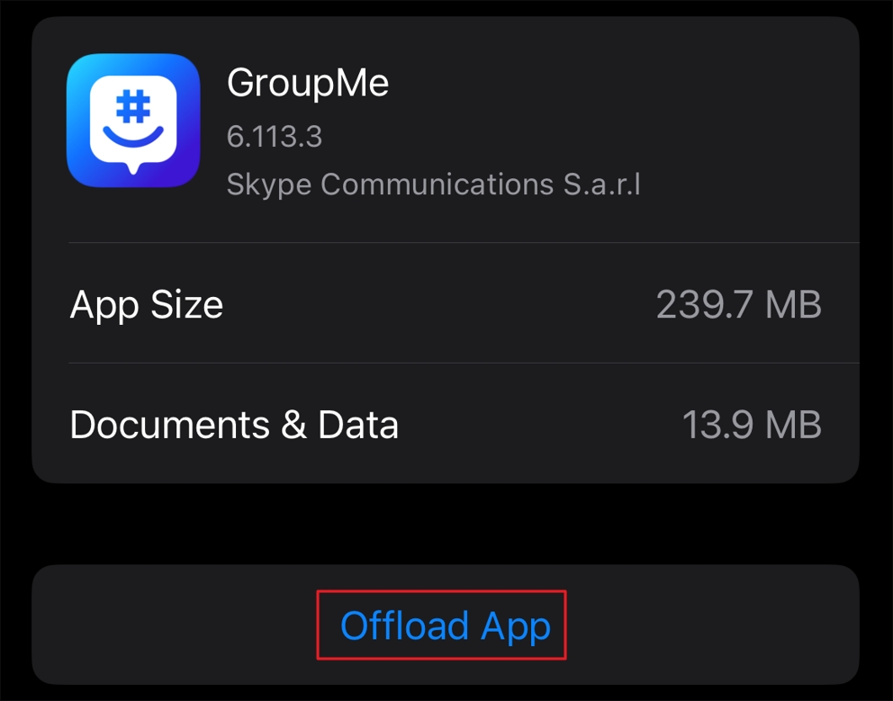 Offload app option for GroupMe.