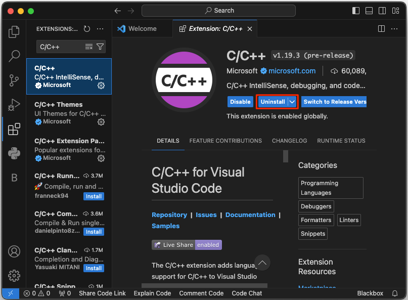 Ensuring C/C++ Extension is installed in VS Code