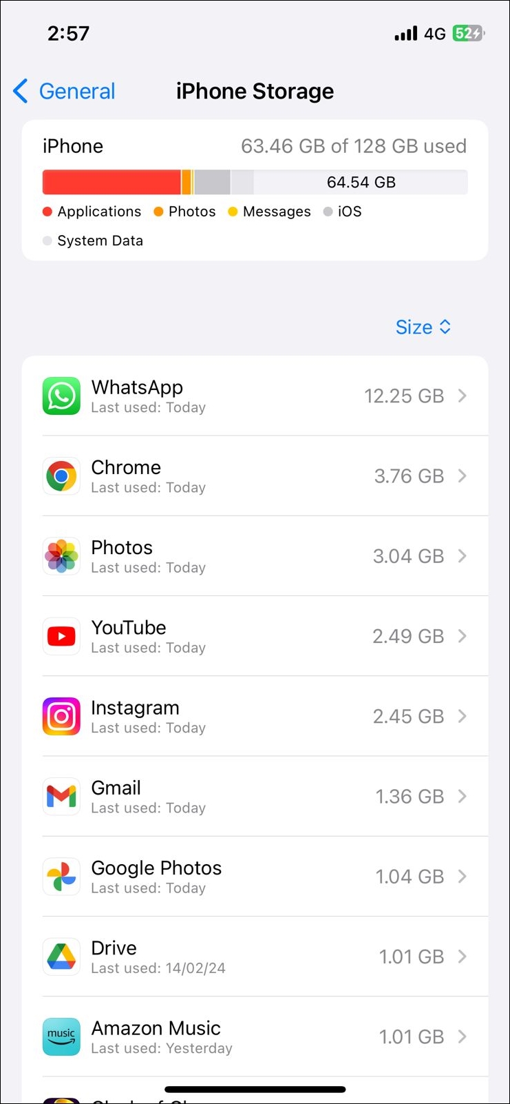 Storage Menu on iPhone