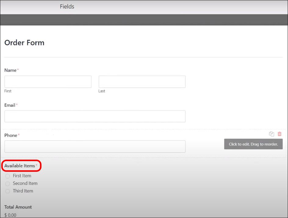 Available form items