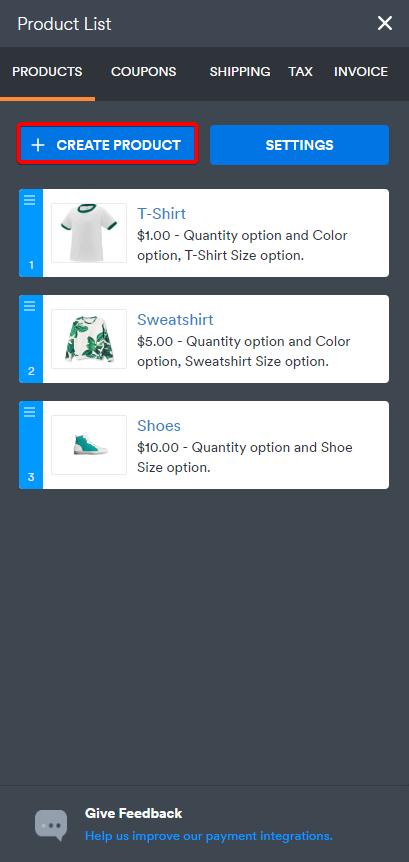 Option to create a product
