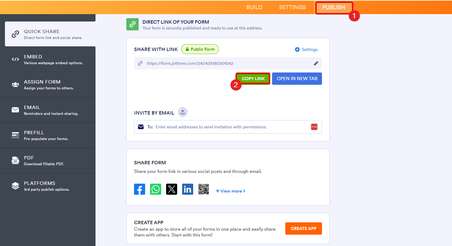 Publish link and share