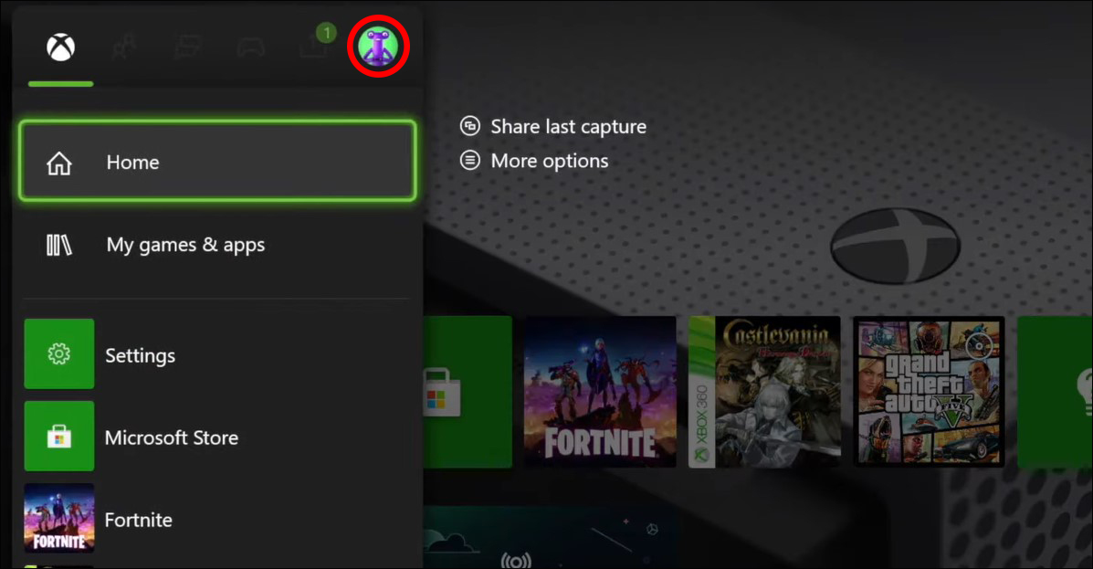 Xbox Series X profile and system settings. 