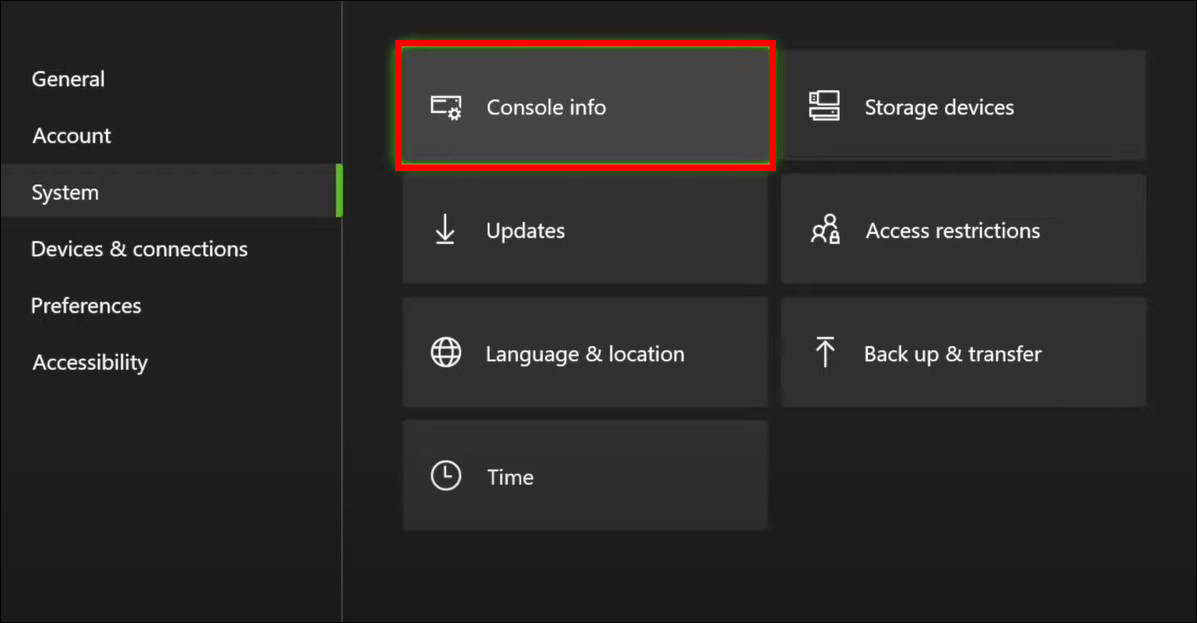 Xbox Series X Console info settings. 