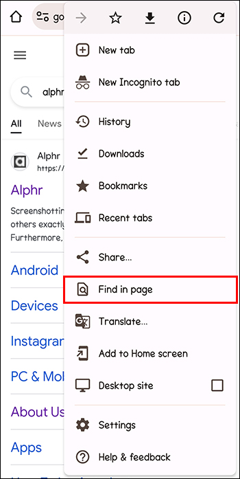 Find in Page option in Google Chrome on Android