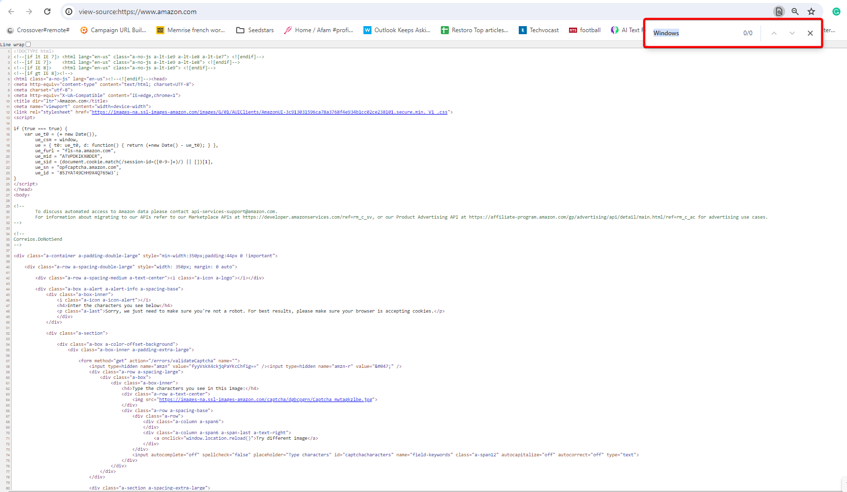 Using Search and find on Page Source