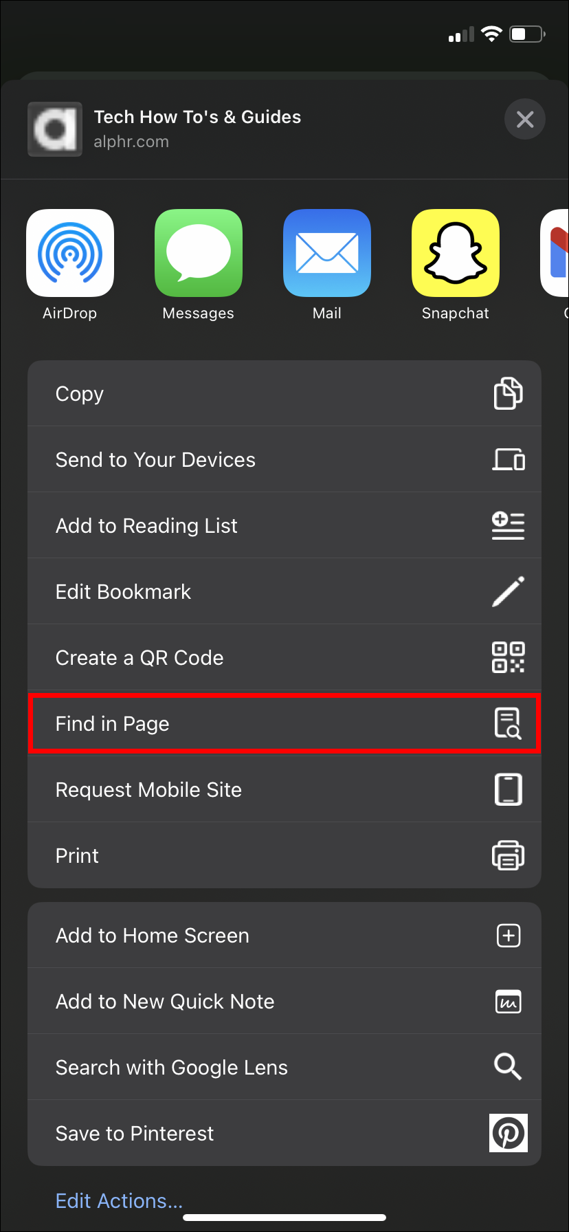 Find in Page option in Safari on iPhone